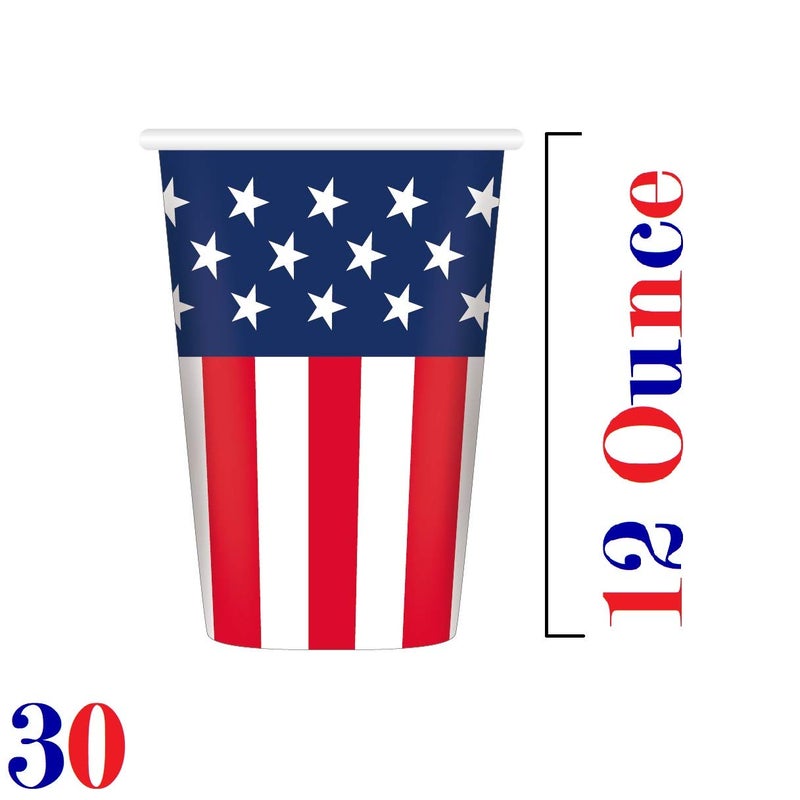 Oojami Serves 30 Party Pack 4th of July Patriotic American Stars and Stripes 9" Dinner Paper Plates 7" Dessert Paper Plates Cups Napkins 2 Table Cover 4th of July Party Supplies American Party Theme - Image 5